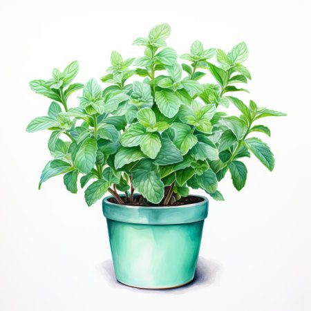 a realistic watercolor painting of a mint plant in a planter, showcasing vibrant green leaves. this artwork, inspired by the styles of yasushi nirasawa and basil gogos, exhibits chromatic purity and meticulous attention to detail. the painted illustration captures the essence of the plant with its light cyan and red hues. ai generatedの素材