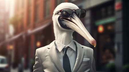 a pelican struts confidently in a photorealistic style, dressed in a black and white suit complete with a tie, sunglasses, and polished shoes. with a cute-meets-boss style, this epic ceo-like bird exudes authority. the image captures the pelican in a walking position, with a depth of field effect and cinematic lighting, resulting in an ultra hd, 32k quality photograph. ai generatedの素材