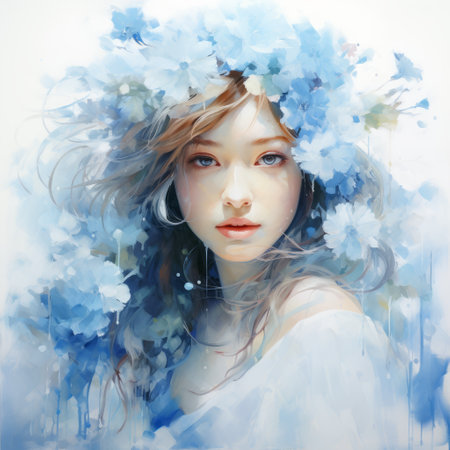a girl with flowers adorning her head is depicted in this speedpainting. the artwork showcases the azure color palette and gongbi style, known for its delicate and realistic figures. the crisp and delicate details create a fairytale-inspired atmosphere. ai generatedの素材