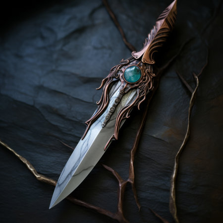 a blade with a stone rests on a black surface, showcasing a captivating blend of dark turquoise and bronze. this photo captures the essence of epic fantasy scenes, forestpunk, and dansaekhwa art style. the delicate precision and traditional craftsmanship of the blade evoke a sense of changelingcore aesthetics. ai generatedの素材