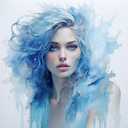 a blue portrait of a woman with blue hair, showcasing a fantasy illustration style. the hyper-realistic water adds a fluid and loose element to the image. the color splash enhances the soft and dreamy tones, creating a serene face. the wavy hair adds an extra touch of elegance to the overall composition. ai generatedの素材