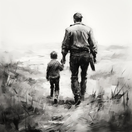 a charcoal impressionism photograph titled "walking away" by c. day lewis captures a father's emotional moment as he watches his son walk into the distance. the grayscale medium intensifies the melancholic sentiment, while rough strokes convey turbulent emotions. the diminishing perspective of the pathway emphasizes the son's journey towards independence, while the father's lingering gaze reflects love and concern. ai generatedの素材