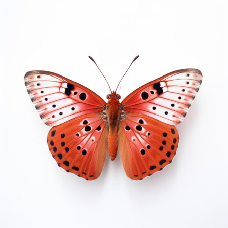 an orange butterfly perched on a white background, showcasing site-specific artwork. the image features a combination of dark red and light pink hues, with dotted patterns and minimal retouching. the butterfly appears as if it has been organically sculpted, offering an aerial view. the overall composition resembles hyper-realistic bird studies. ai generatedの素材