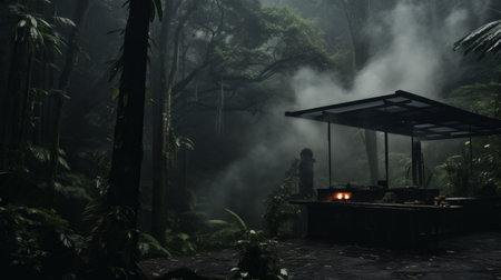 a hut nestled in the heart of the jungle, surrounded by a mysterious fog. this captivating photo captures the essence of film noir aesthetics with its atmospheric and moody lighting. the australian landscape serves as the perfect backdrop, creating a stunning visual. this image, shot using vray, showcases the artistry of environmental portraiture and commercial imagery, reminiscent of the iconic cinestill 50d film. ai generatedの素材