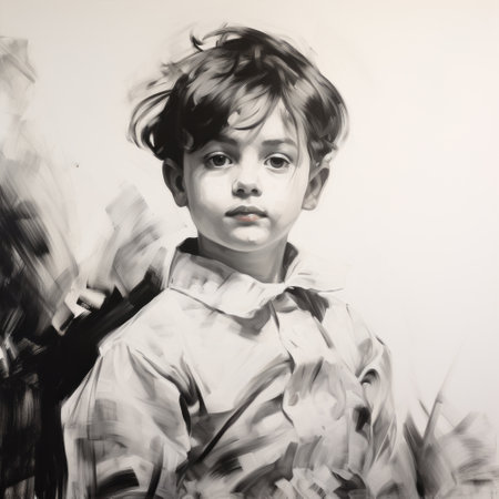a black and white grayscale painting by tanisha white featuring a little boy. this brushstroke-intensive portrait is inspired by qajar art and showcases a light-filled scene. the large-scale portrait is executed with sharp focus on a large canvas format. ai generatedの素材
