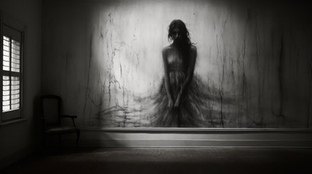 outsider art: a haunting black and white painting depicting a creepy, sad scene. in the artwork, a susan is shown shouting, surrounded by eerie shadows on the wall. the piece evokes a profound sense of loneliness, resembling a realistic pencil sketch on paper. ai generatedの素材