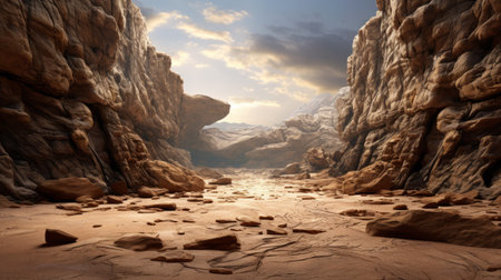 a 3d terrain of a desert valley showcases a rocky landscape with a captivating waterfall. this ethereal surrealism style photograph is beautifully illuminated with softbox lighting, captured using a zeiss batis 18mm f2.8 lens. the image portrays a soft and dreamy depiction of the scene, enhanced through post-processing techniques. it evokes a sense of epic fantasy and reveals the eroded interiors of the landscape. aiの素材