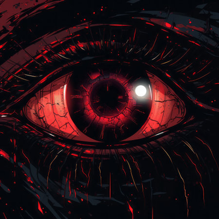 an eye with red liquid surrounding it, depicted in a nightmarish style with detailed character design. this 32k uhd image showcases harsh palette knife work and linear illustrations, resulting in a strong contrast between light and dark. the overall aesthetic can be described as ragecore. ai generatedの素材