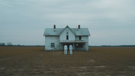 an old white house stands prominently in front of a vast grassy field, creating a surreal juxtaposition with its surroundings. the image, reminiscent of the midwest gothic style, features dark and gritty subject matter. the artwork, created by dimitry roulland, showcases a unique blend of light orange and dark cyan tones. the composition evokes a sense of found footage, capturing the essence of the southernの素材