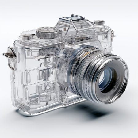 a camera with a large lens and clear housing is depicted in this photorealistic rendering. the translucent water surrounding it adds a chromepunk aesthetic, while the heavy use of impasto creates a textured effect. this delicately detailed and sculpted image resembles an associated press photo. ai generatedの素材