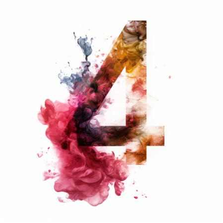 a colorful illustration of the number four with splashes of vibrant colors, set against a smokey background. the artwork features calligraphic marks and is inspired by the styles of jarek kubicki and beeple. the white background enhances the watercolor effect, creating a simple yet eye-catching composition. ai generatedの素材