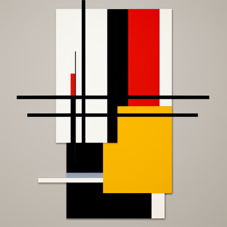 abstract paintings in red and yellow hues showcase the influence of black and white abstraction and bauhaus functional design. the layered lines and crossed colors create an interactive artwork with a classic composition. these symbolist compositions captivate with their vibrant colors and dynamic forms. ai generatedの素材