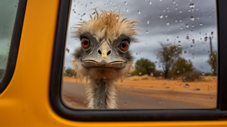 emu perched on side mirror of beat up 1972 ford during stormy day with striking unnatural lighting. rain pouring down, reflecting distorted face wearing hood in mirror. desert backdrop with muted colors, giving sand a grey appearance. early evening setting with bright yellow and orange lightning illuminating the scene. ai generatedの素材