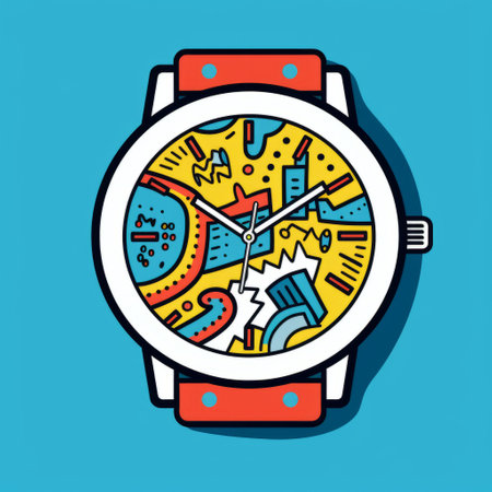a stylized watch featuring a colorful chaos design inspired by playful line drawings and pop art consumer culture. the vibrant combination of red and aquamarine adds a bold touch to the detailed character design. the exploratory line work and superflat style further enhance the uniqueness of this eye-catching timepiece. ai generatedの素材