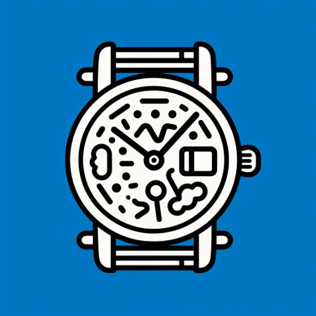 a watch drawing on a blue background, featuring pop art iconography, line and dot work, and a monochromatic chaos. the style is reminiscent of 2d game art and black-and-white graphics, with a touch of whistlerian influence. the drawing is found-object-centric, capturing the essence of contemporary art. ai generatedの素材