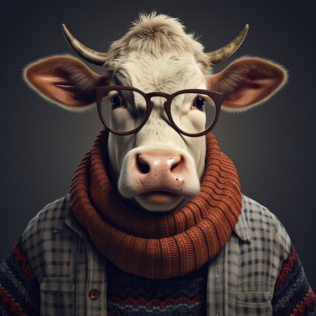 a cow in glasses and a scarf, showcasing vintage aesthetics and nerdcore vibes. the image features texture-rich layers, captured in stunning 32k uhd resolution. the cow's attire reflects elements of grey academia, kimoicore, and a color palette of dark orange and white. ai generatedの素材