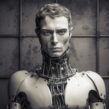 a man, transformed into a robotic being through the fusion of artificial tissue and advanced robot technology, is captured in a striking monochrome-toned photograph. with a powerful facial expression, his chrome-plated appearance resembles a classical academic painting. this studio portrait, created by a solarizing master, showcases a depth of field that adds to the captivating allure of this unique subject. ai generatedの素材