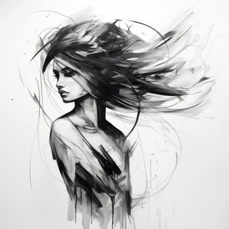 a woman's head is depicted with winding hair, showcasing fluid dynamic brushwork. the intricate black and white illustrations resemble anime art, creating a brooding mood. the artwork also features life-like avian illustrations and loose brushstrokes, showcasing the artist's skill in digital art techniques. ai generatedの素材