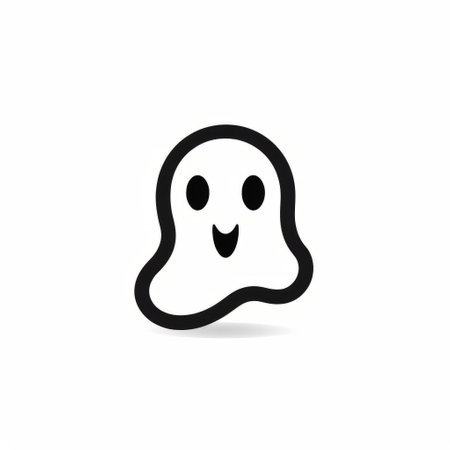 a black and white ghost icon, featuring playful use of negative space and subtle ink application, is depicted on a white background. the style of the icon is reminiscent of david nordahl's artwork, with vibrant color usage, simplified line work, soft and rounded forms, and lively facial expressions. ai generatedの素材