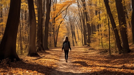 young woman walking on a forest path in autumn, captured in an isolated art photo deco style reminiscent of uhd images. the composition features a combination of light orange and black tones, inspired by the works of govaert flinck. this non-representational image showcases soft, romantic landscapes that draw inspiration from nature. creative commons attribution. ai generatedの素材