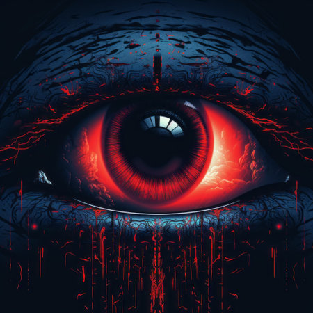 a sci-fi horror movie poster featuring a monstrous zombie in a splatter of red. the poster is designed in the style of colorful and eye-catching compositions, with photorealistic eyes and hyper-detailed illustrations. the dark gray and sky-blue background adds to the eerie atmosphere, while the flickering light creates an optical illusion of realism and hyper-detail. ai generatedの素材