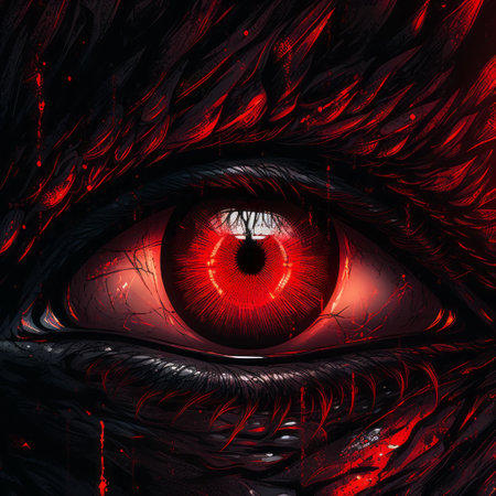 a dragon eye with a striking red hue, depicted in the cyberpunk realism style. this captivating image showcases the intricate details and intense atmosphere created by the talented artist lorenz hideyoshi. with a heavy use of palette knives, the dark and brooding design evokes a sense of psychological phenomena. the detailed character illustration is presented in stunning 8k resolution. ai generatedの素材