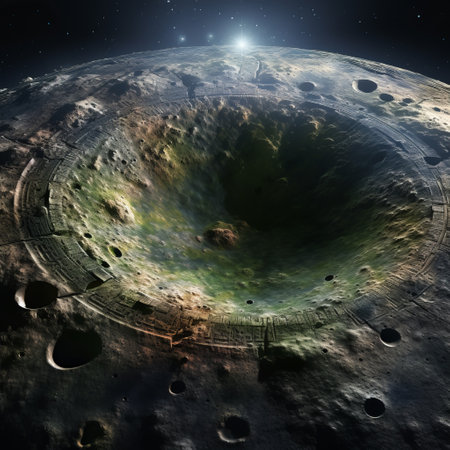 this artist's rendering depicts circular holes on the surface of mars, resembling a psychedelic dreamscape. rendered in maya, the image showcases a combination of dark silver and yellow hues, creating a captivating and otherworldly atmosphere. the dark silver and dark emerald tones add depth and intrigue to the overall composition. this unique piece of planar art offers a historical illustration of mars, evoking a senseの素材