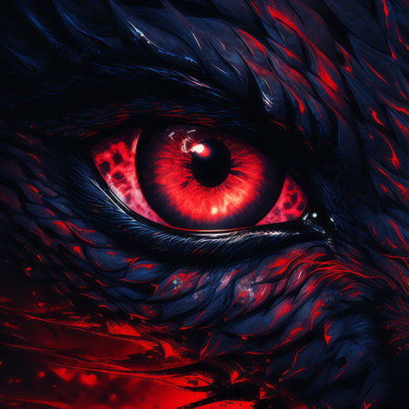 a hyper-detailed illustration of a dragon featuring a captivating eye with shades of red, blue, and black. this realistic artwork showcases high contrast chiaroscuro and lifelike avian elements. the digitally enhanced, detailed character illustration exudes a darkly romantic vibe, reminiscent of pigeoncore aesthetics. ai generatedの素材