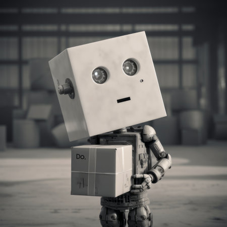 a robot holding a box is depicted in this black-and-white photograph. the design showcases animated expressions and neo-concrete elements, with code-based creations adding a unique touch. the sepia tone enhances the overall aesthetic, while the robot's strong facial expression captivates the viewer. this artwork is reminiscent of the style often seen in the works of joel robison. ai generatedの素材