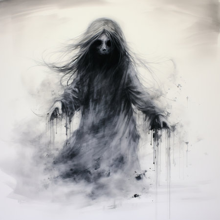 a haunting painting featuring a girl in a dress, reminiscent of nightmarish illustrations. the artwork showcases a ghostly presence with its dark and white color palette. the dramatic movement and somber religious undertones evoke a sense of intensity. the spray-painted technique and dripping paint add to the overall eerie atmosphere of the piece. ai generatedの素材