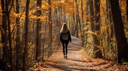 a young woman walks through a forest, surrounded by dark orange and black hues. the photo captures a photo-realistic landscape, reminiscent of the soothing and emotive figurative works of the dusseldorf school of photography. the non-representational elements add a touch of romance to the scenery. ai generatedの素材