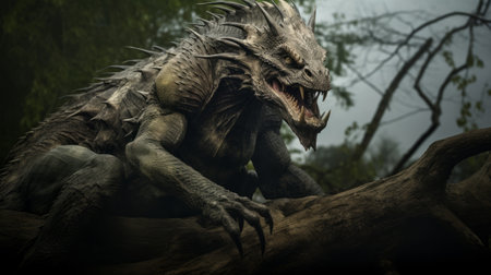a stunning photo of a fantasy dragon in a mysterious jungle, rendered in cinema4d. this captivating image, taken with a nikon d750 and petzval 85mm f22 lens, showcases the intense movement and dynamic outdoor shots. perfect for ios and android wallpapers, this fantasy art will transport you to a world of dragons and adventure. ai generatedの素材