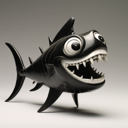 a 3d creature sculpted metal figurine of fright fish monsters, showcasing a cartoonish style in black and white imagery. this unique piece serves as a consumer culture critique, with elements of salvagepunk and a playful use of negative space. the glazed earthenware adds to the overall cartoonish chaos of the artwork. ai generatedの素材
