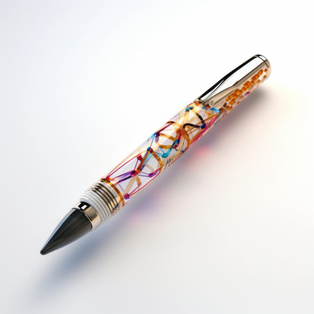 a pen with a colored glass finish, showcasing abstract illusionism. this realistic and detailed rendering features circuitry-inspired precisionist lines. made of crystals, the pen's focus is on joints and connections, while its light gold and orange hues add a touch of elegance. ai generatedの素材