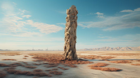 a surrealistic landscape design rendered in cinema4d, showcasing photorealistic columns and totems. the image captures the essence of creased, crinkled, and wrinkled textures, creating a mesmerizing visual experience. with its high-resolution quality of 8k, this desertpunk-inspired artwork resembles a captivating scene from national geographic. ai generatedの素材
