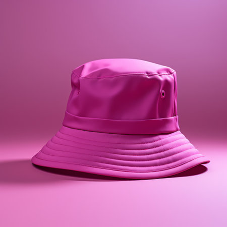 a hat placed on a tabletop alongside various objects, against a vibrant pink backdrop. the image showcases a hyper-detailed, realistic rendering style with creased and shiny textures. the hat is made of rubber, and the lighting is achieved through softbox lighting techniques. the artwork features wet-on-wet blending and color-blocking. ai generatedの素材