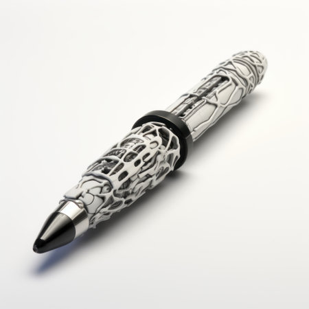 a futuristic and edgy pen image to frame, featuring intricate detailing and disfigured forms. the design draws inspiration from industrial and product design, with a color palette of light gray and black. the pen showcases the art of hard surface modeling, incorporating robotic motifs for a unique touch. ai generatedの素材