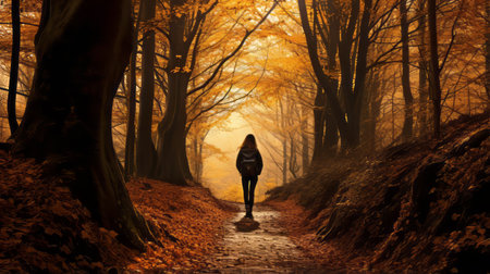 a woman in yellow walks along a path at sunset, capturing the atmospheric woodland imagery reminiscent of caras ionut's style. the dark orange and black hues add depth to the emotional landscapes portrayed in this uhd 8k image, showcasing the influence of the dusseldorf school of photography. ai generatedの素材
