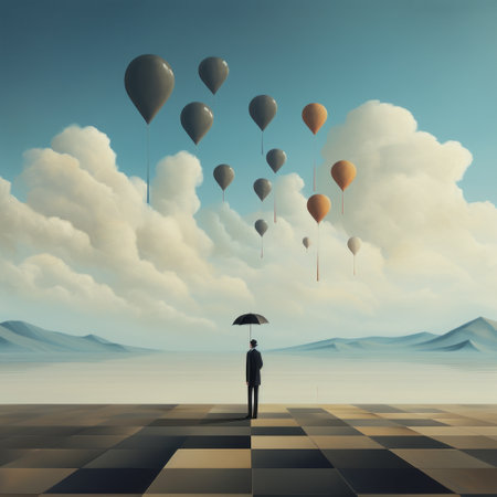 a man stands on the grass, surrounded by a vibrant array of balloons in various colors. the artwork, inspired by brian despain, features simplistic vector art with realistic landscapes and soft, tonal colors. the influence of artists like peter gric and m.c. escher is evident in the atmospheric clouds and grid-based composition. ai generatedの素材