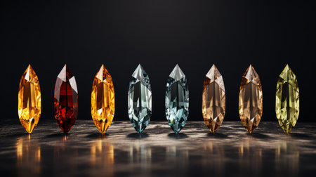 colored gems arranged in rows against a dark background, showcasing a stunning combination of light indigo and amber, faceted shapes in dark gold and dark aquamarine, as well as light maroon and dark emerald. these authentic expressions of gemstones are highlighted by precisionist lines and jagged edges, creating a captivating visual display. ai generatedの素材