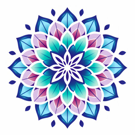 a mandala tattoo illustration featuring simplified purple and azure colors. this vector illustration showcases translucent overlapping floral motifs and clean, simple designs. the mandala incorporates flower patterns and geometric shapes, creating a visually appealing and intricate design. ai generatedの素材
