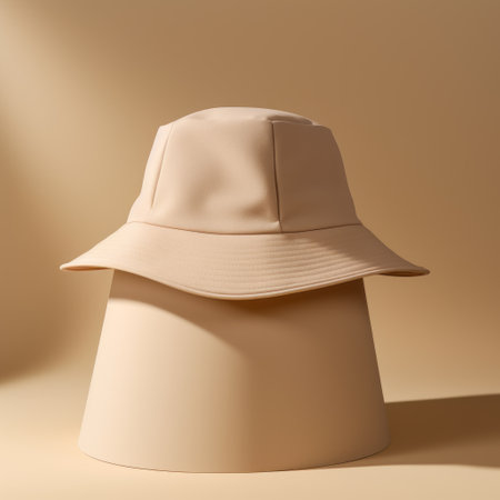 a high-quality, uhd image showcasing a 3d mockup of a white bucket hat in black color. this surrealistic style photograph features muted tones, including light beige, light yellow, and light orange. the hat appears sculptural, as if poured from liquid, creating an intriguing visual effect. ai generatedの素材