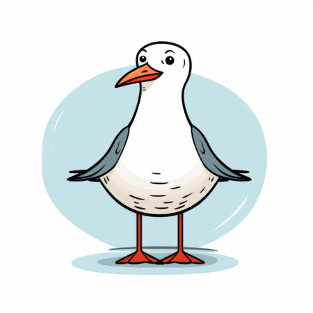 a cute cartoon egret stands on a round white background in a comic strip style. the pigeoncore-inspired illustration features rounded, colored cartoon elements with a touch of dutch marine scenes. the egret's elongated figure is captured in a close-up view. ai generatedの素材