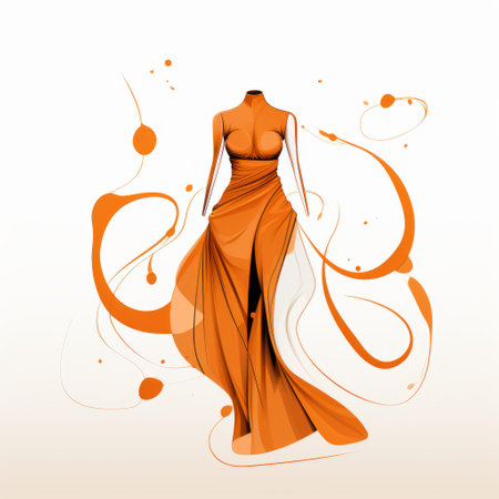 a woman stands gracefully in an orange dress, embodying the elegance of abstract fashion illustrations. the organic flowing forms of the dress complement the light bronze and brown hues. this captivating image, with its ink-washed details and smooth, curved lines, captures the essence of a contest-winning design. ai generatedの素材