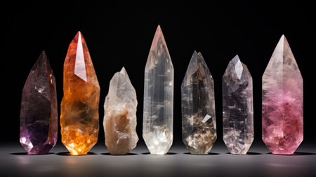 five crystals of varying colors, including light orange and dark black, are arranged in a row on the ground. the crystals are illuminated by studio lighting, enhancing their exaggerated features. the colors range from light white to brown, creating a misty gothic atmosphere. the crystals have sharp edges and monumental forms. ai generatedの素材