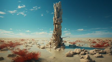 a surrealistic futuristic scene captured in a photograph showcases a stump adorned with rocks and a thriving plant, surrounded by water. the image, rendered in cinema4d, features a mesmerizing combination of sky-blue and beige tones. the composition evokes a sense of awe with its unique blend of pilesstacks, infrared elements, and striking columns and totems. ai generatedの素材