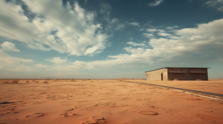 a house stands alone amidst a vast desert landscape, reminiscent of atmospheric seascapes. the image showcases industrial textures and captures the essence of italian landscapes. with a color palette of light red and dark cyan, this high-quality, uhd photo beautifully portrays the unique beauty of emek golan. ai generatedの素材