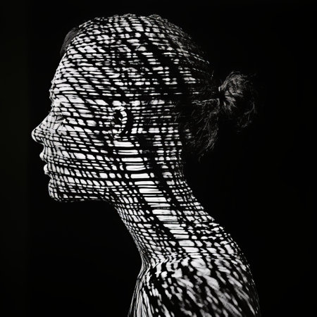 a black and white image of a woman's head and shoulders, showcasing intricate weaving and vibrant use of light and shadow. the conceptual light sculptures create emotive figural distortions, resulting in an algorithmic artistry. this uhd image captures the essence of strip painting. ai generatedの素材