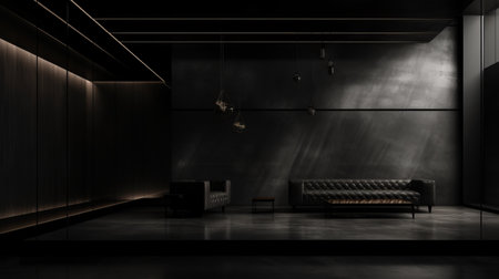 a modern living room featuring a black accent wall, wooden flooring, and black sofas. the room is designed in the style of concrete brutalism, with renaissance chiaroscuro lighting. the commercial imagery adds a unique touch, while the dark gold and gray color scheme creates a sophisticated atmosphere. the room is adorned with suspended hanging incisioni series and minimalistic metal sculptures. ai generatedの素材