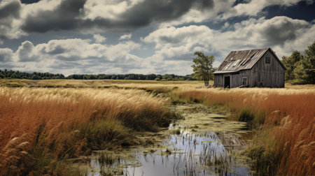 an old barn, reminiscent of dutch marine scenes and the style of john constable, is captured in this uhd image. the barn sits peacefully in the grass, exuding the essence of nature. with its dark yellow and silver tones, this photo evokes a sense of tranquility and timelessness. ai generatedの素材